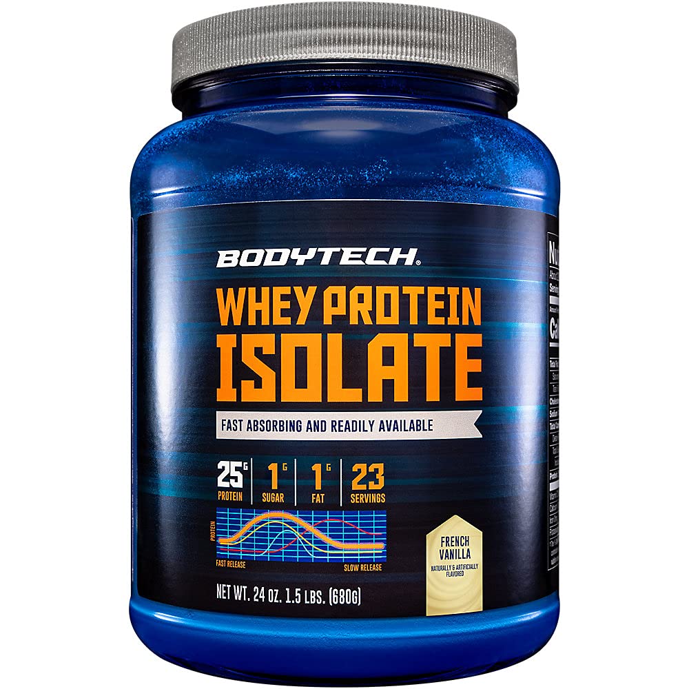 BodyTech Whey Protein Isolate Powder, Fransk Vanilla Flavor, 25g Protein per servering, Højkoncentreret Protein Powder med Aminosyrer & BCAA 'er for mænd og kvinder, Gluten Free, 1,5 LB, 23 Servere