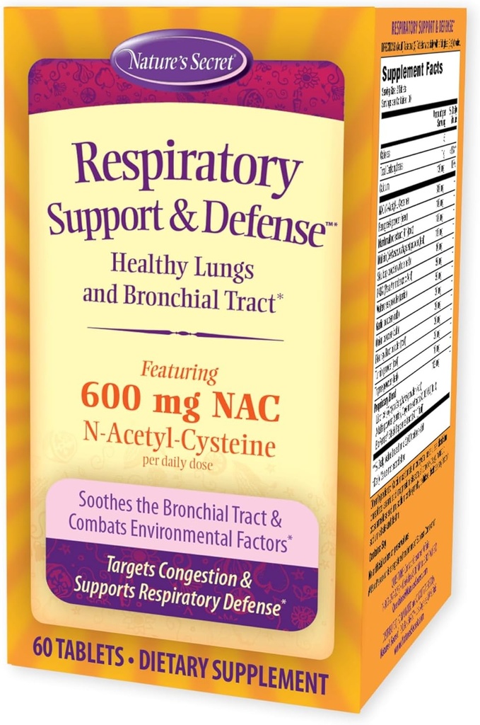 Nature 's Secret Respiratory Support & Defense - 60 tabletter - fremmer sunde lunger og bronkiale spor - med NAC, Bukkehorn & Marshmallow - 30 Serveringer