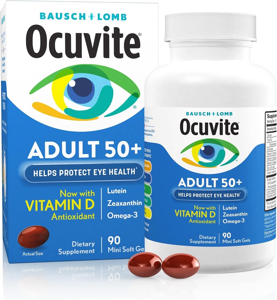 Ocuvite 50 + Eye Vitamin & Mineral Supplement, Multivitamin til Vision & Okulær Sundhed med Omega-3, Zink, Vitamin C & E, Lutein & Zeaxanthin, Zink Kosttilskud til kvinder og mænd, 90 Softgels