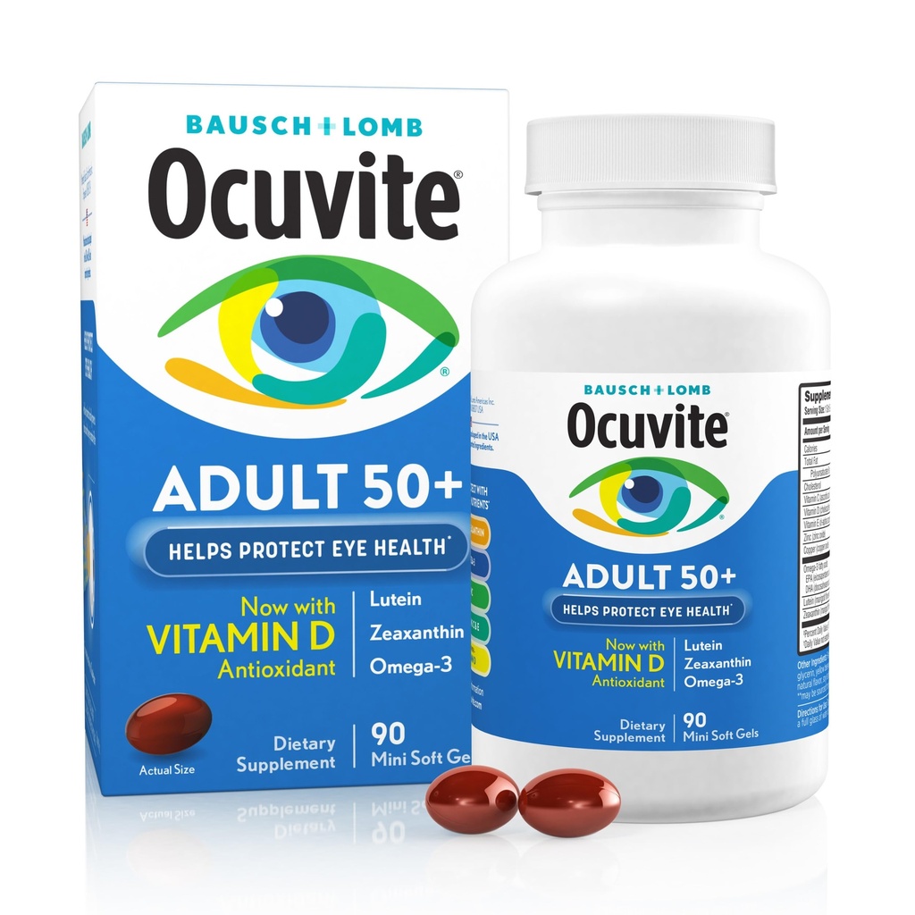 Ocuvite 50 + Eye Vitamin & Mineral Supplement, Multivitamin til Vision & Okulær Sundhed med Omega-3, Zink, Vitamin C & E, Lutein & Zeaxanthin, Zink Kosttilskud til kvinder og mænd, 90 Softgels