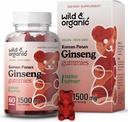 Wild & Organic Panax Ginseng Gummies 1500 mg - Koreansk rød Ginseng tillæg - Vegan, ikke-GMO rodbaseret tyggegummi - 60 Tæl