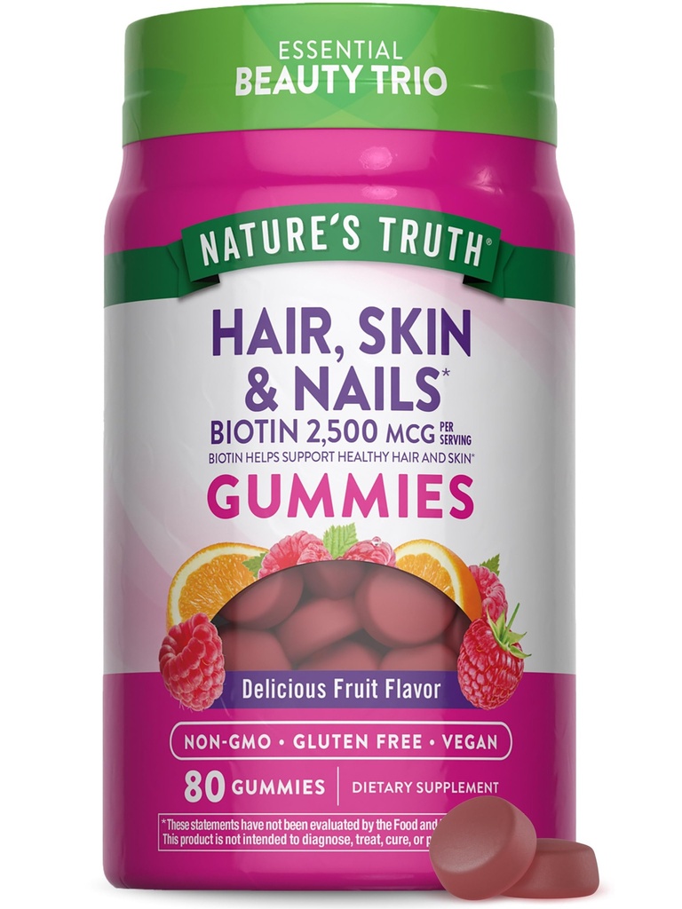 Nature 's Truth Hår Skin and Nails Gummies Memory 124; 80 Greve 124; 2500mcg af Biottin Memory 124; Vegan, Non- GMO, Gluten Free Supplement Memory 124; Vitamin til kvinder og mænd