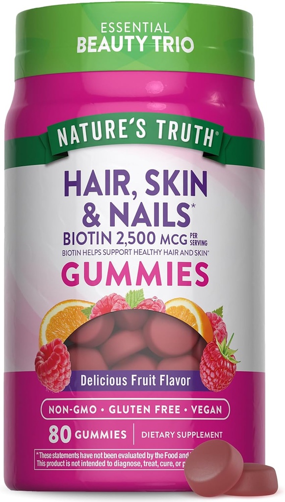 Nature 's Truth Hår Skin and Nails Gummies Memory 124; 80 Greve 124; 2500mcg af Biottin Memory 124; Vegan, Non- GMO, Gluten Free Supplement Memory 124; Vitamin til kvinder og mænd