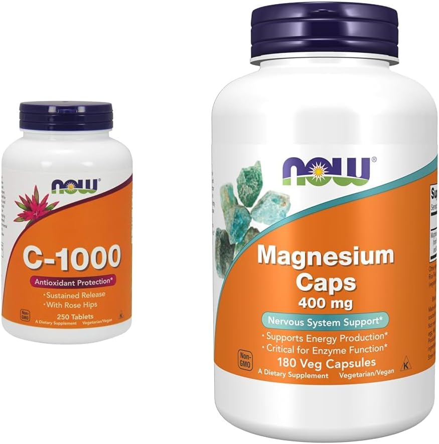 NOW Supplements, Vitamin C-1,000 with Rose HIPS, Sustained Release, Antioxidant Protection*, 250 Tablets & Supplements, Magnesium 400 mg, Enzyme Function*, Nervous System Support*, 180 Veg Capsules
