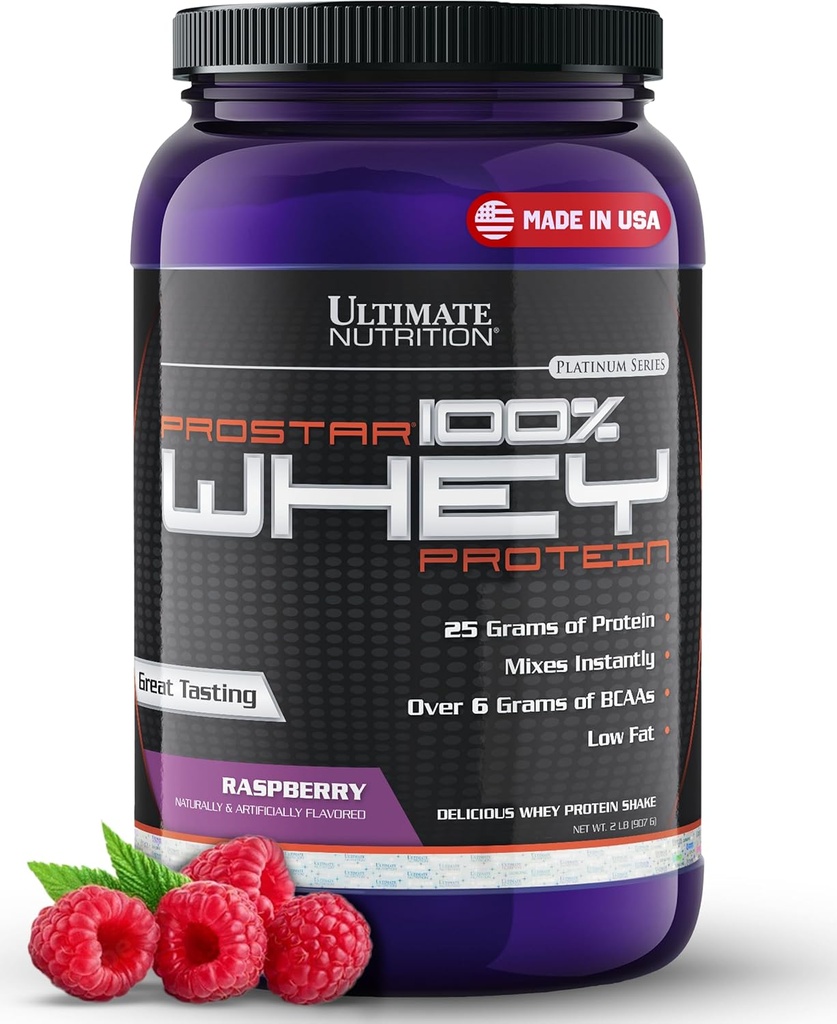 Ultimate Nutrition Prostar Whey Protein Powder Isolate, Raspberry - Low Carb, High Protein Powder Shake for Muscle Gain & Recovery - Low Sodium, Low-Fat & Keto Friendly - 2 lbs Tub