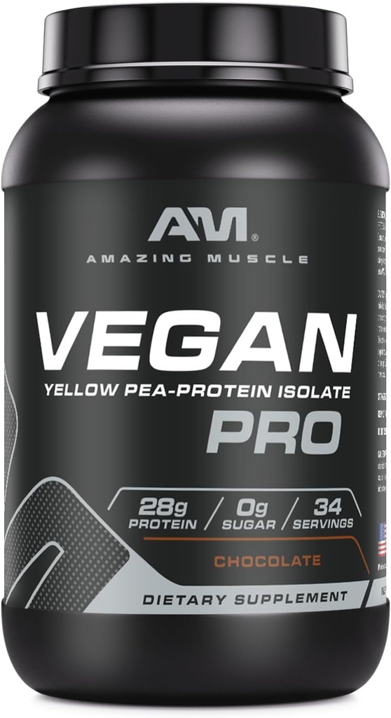 Amazing Muscle Vegan Protein Powder # 124; 28 Bedste Protein # 124; 34 Servering # 124; Zero Sugar # 124; Gule Pea Protein Isolate Supplement # 124; Lavet i USA (3 Lb, chokolade)