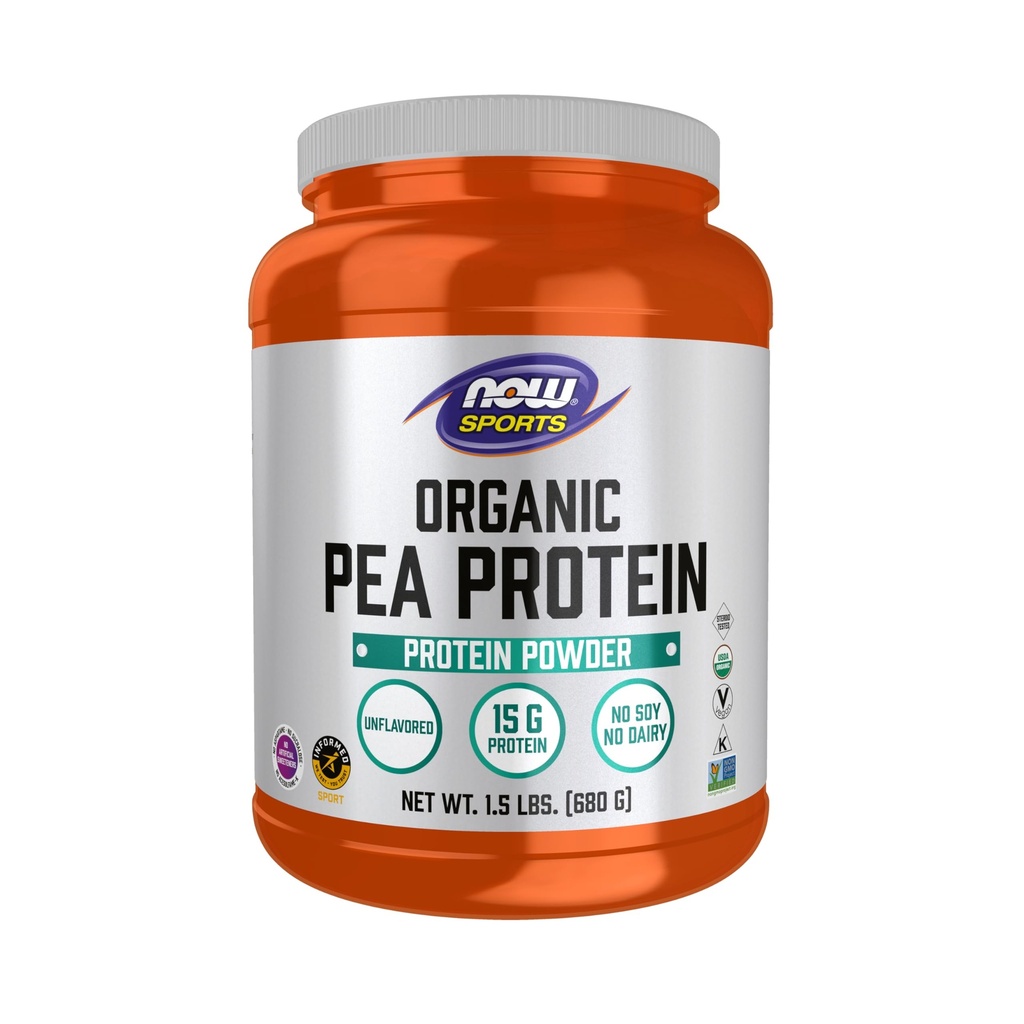 Now Foods Sports Nutrition, Certified Organic Pea Protein 15 Grams, Unflavored Powder, 1,5-pound