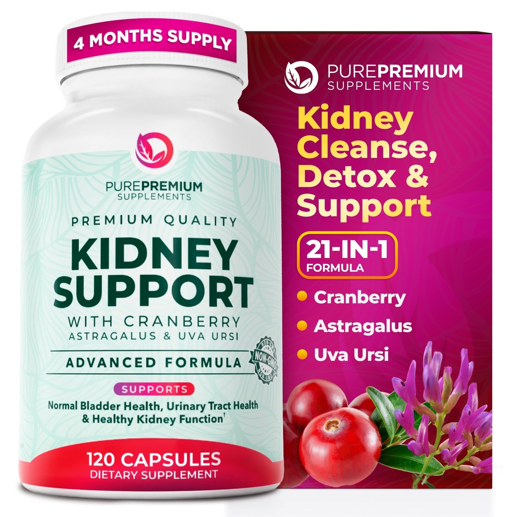 PurePremium Nyre Support Supplement - Nyre Rengøring Detox & Reparation med Cranberry Extract & Astragalus - 21-in-1 Kompleks Understøtter normale Brege, urinveje & Nyrer Sundhed - 120 dages forsyning