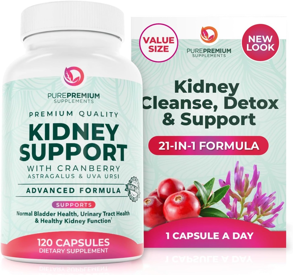 PurePremium Nyre Support Supplement - Nyre Rengøring Detox & Reparation med Cranberry Extract & Astragalus - 21-in-1 Kompleks Understøtter normale Brege, urinveje & Nyrer Sundhed - 120 dages forsyning
