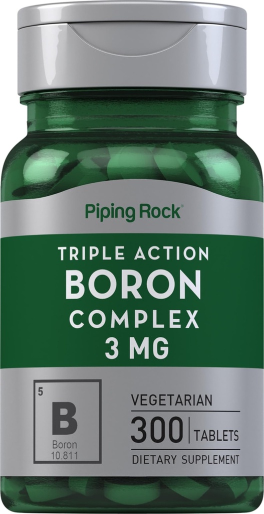 Piping Rock Boron Supplement for Men and Women | 3mg | 300 Tablets | Triple Complex | as Glycinate, Aspartate, Citrate | Vegetarian, Non-GMO, Gluten Free