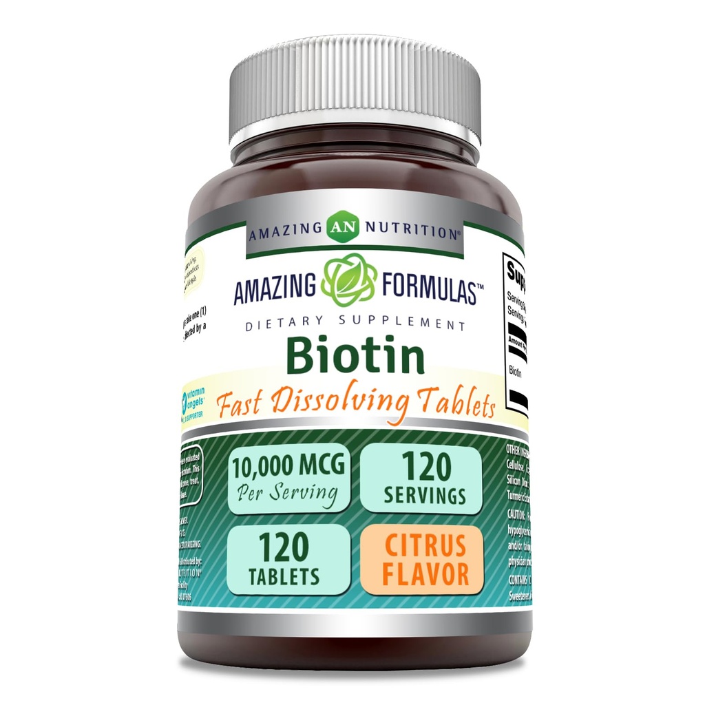 Amazing Formulas Biotin 10,000 mcg stålet 124; Fast Dissoll Tablets against 124; Non-GMO-bag-124; Gluten Free Supplement-124; Made in USA (Citrus-124; 120 tabletter)