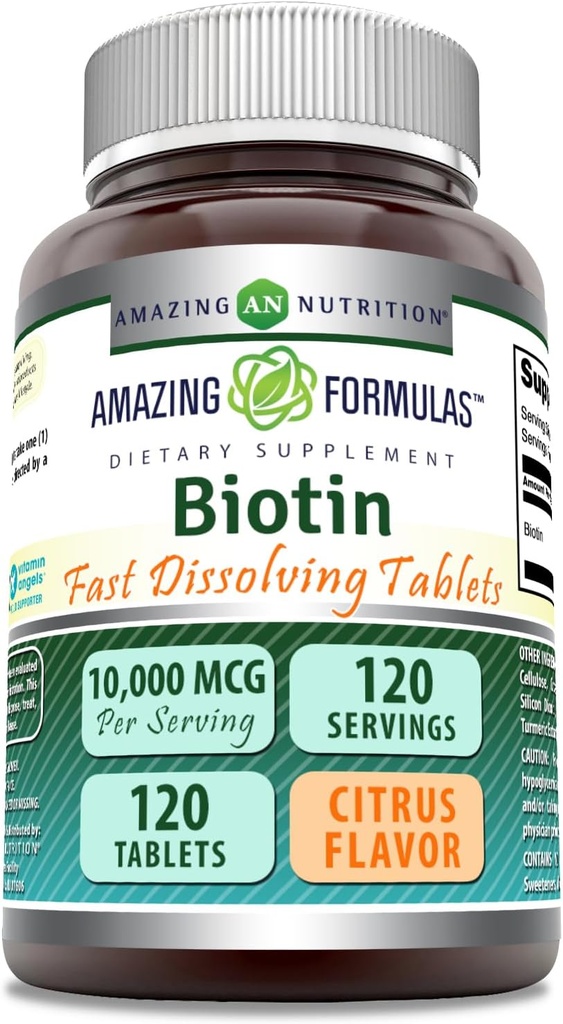 Amazing Formulas Biotin 10,000 mcg stålet 124; Fast Dissoll Tablets against 124; Non-GMO-bag-124; Gluten Free Supplement-124; Made in USA (Citrus-124; 120 tabletter)