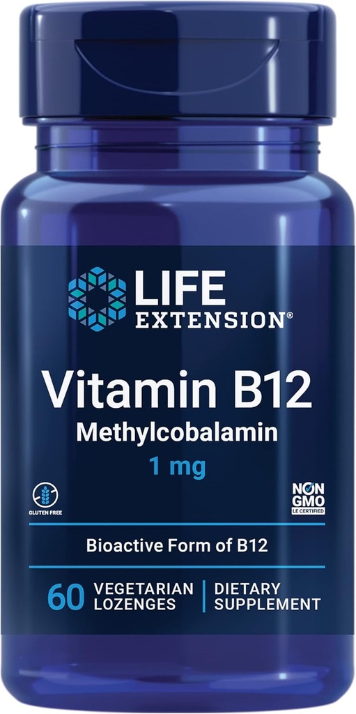 Life Extension Vitamin B12 Methylcobalamin, Nerve Health Supplement, Kognitiv Support, Energy Vitamin, methylcobalamin B12, 1 mg, Quick- Opløsning, Vegetar, 60 lozenges