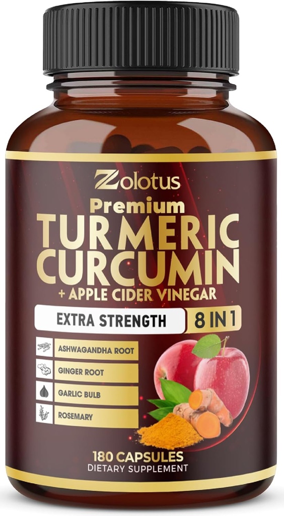 7 i 1 Gurkemeje Curcumin + Apple Cinder Vineddike Kapsler, 6 Måned Tilgang med Ashwagandha, Ingefær, Hvidløg Bulb, 180 Kapsler
