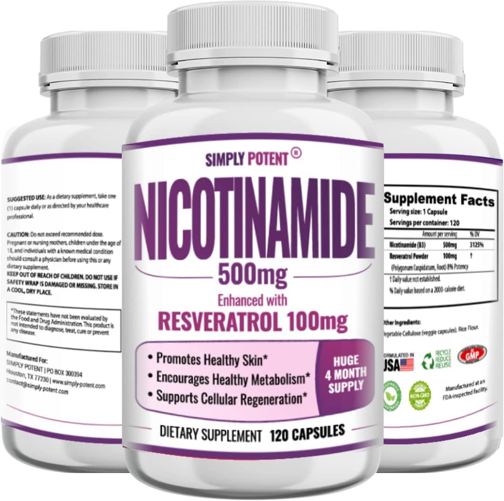 Nicotinamid 500mg med Resveratrol 100mg - 120 Veggie kapsler - Vitamin B3 supplement piller til støtte NAD, Skin Cell Health & Energy