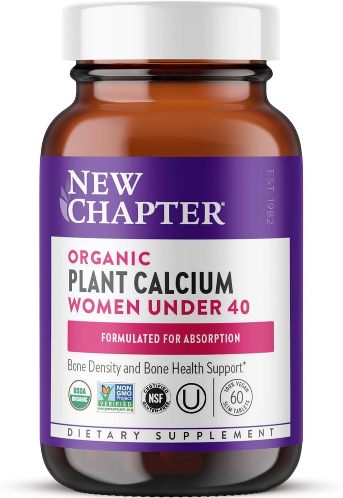 Nyt kapitel Calcium supplement - Organic Plant Calcium til kvinder under 40, med Vitamin D3 til Absorption + Vitamin K2 + Magnesium, Vegetar, Gluten Free - 60 Tæl