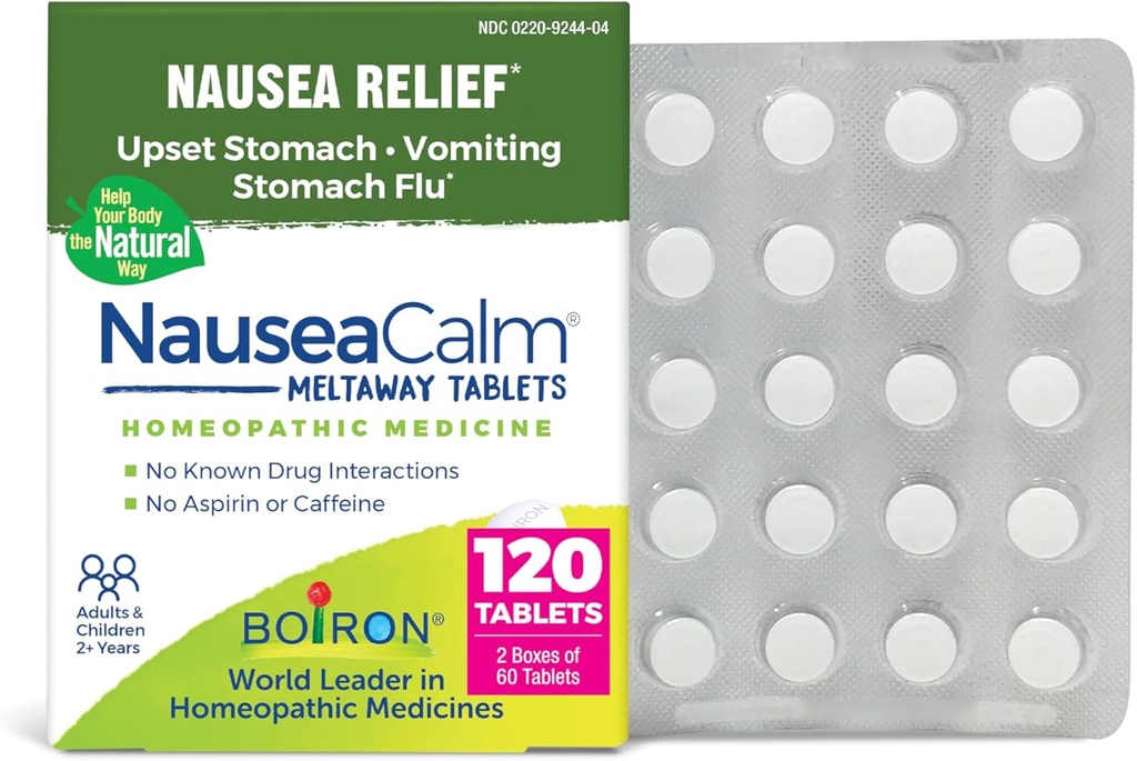 Boiron NauseaCalm Relief for Opset Mave, Kvalme og Opkastning På grund af Mave Flu, Overoverbærenhed, eller Motion Sygdom - Non- Drowsy - 120 Greve (2 pakke med 60)