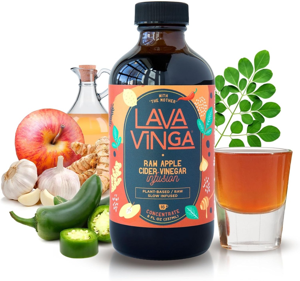 VINGA Lava Raw Apple Cider Vinegaard Fire Cider med Cold Pressed Moringa Oleifera, 8 oz., Natural Cold and Flu Remedy and immunsystem Booster, Antioxidant Rich Superfood med 92 essentielle næringsstoffer