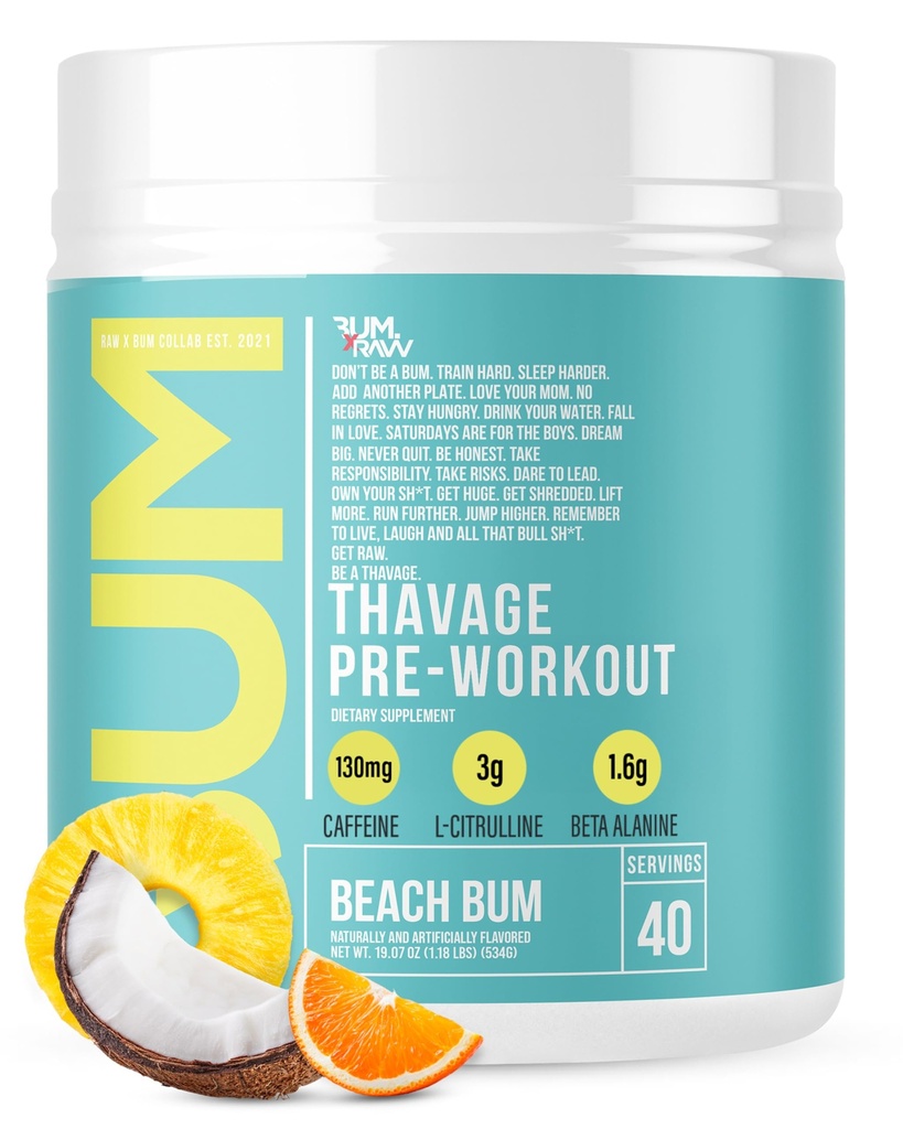 RAW Pre Workout Powder, Thavage (Beach Bum) - Chris Bumstead Sport Nutrition Supplement for mænd og kvinder - Cbum Pre Workout for working out, Hydration, Mental Focus & Energy - 40 Serveringer