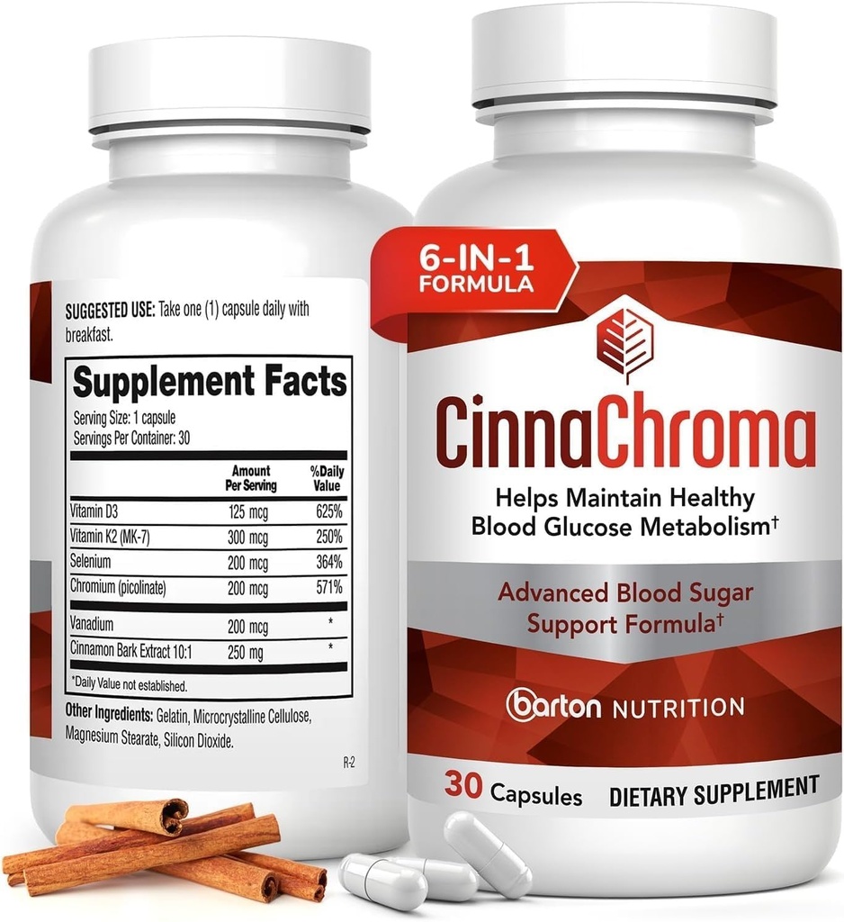 CinnaChroma Kapsler - Kanel Kosttilskud med 10: 1 Uddrag, Chrom, Vanadium, Selen, Vitamin D3 & K2 - Natural Sugar Blocker - 30 Kapsler, 1 Måned Supply