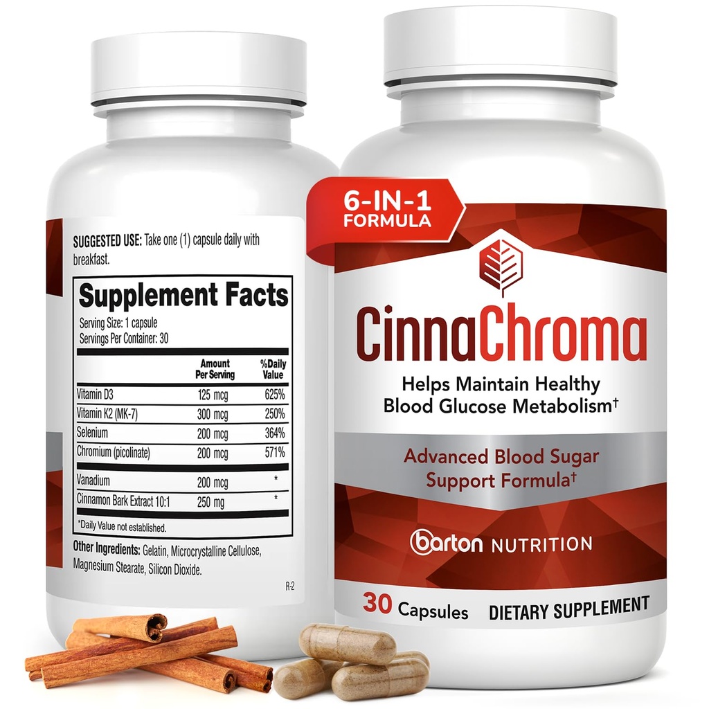 CinnaChroma Kapsler - Kanel Kosttilskud med 10: 1 Uddrag, Chrom, Vanadium, Selen, Vitamin D3 & K2 - Natural Sugar Blocker - 30 Kapsler, 1 Måned Supply