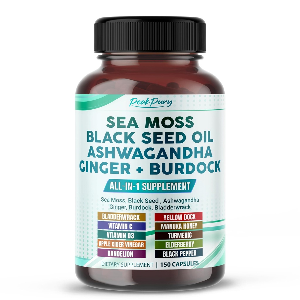 Sea Moss Black Seed Oil Ashwagandha Ginger Burdock Bladerwrack - Immunity Support - Made in USA