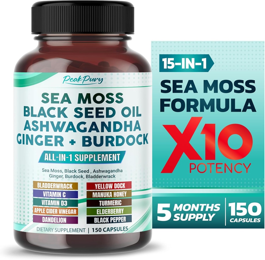 Sea Moss Black Seed Oil Ashwagandha Ginger Burdock Bladerwrack - Immunity Support - Made in USA
