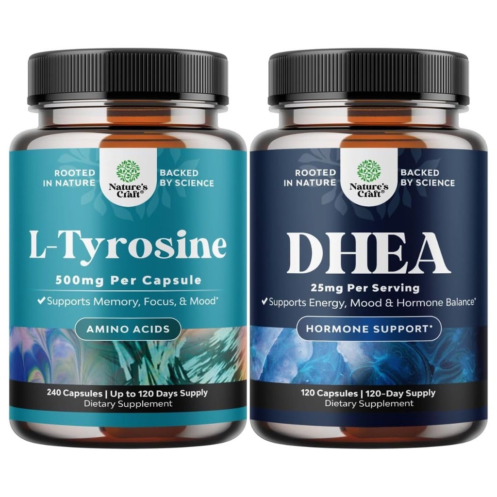Bundle of Free Form L Tyrosine 1000mg Capsules - Amino Acid Nootrop for Mood Food Opmærksomhed & Kognitiv Performance og DHEA supplement for Hormone Balance - Dehydroepiandrosteron for voksne