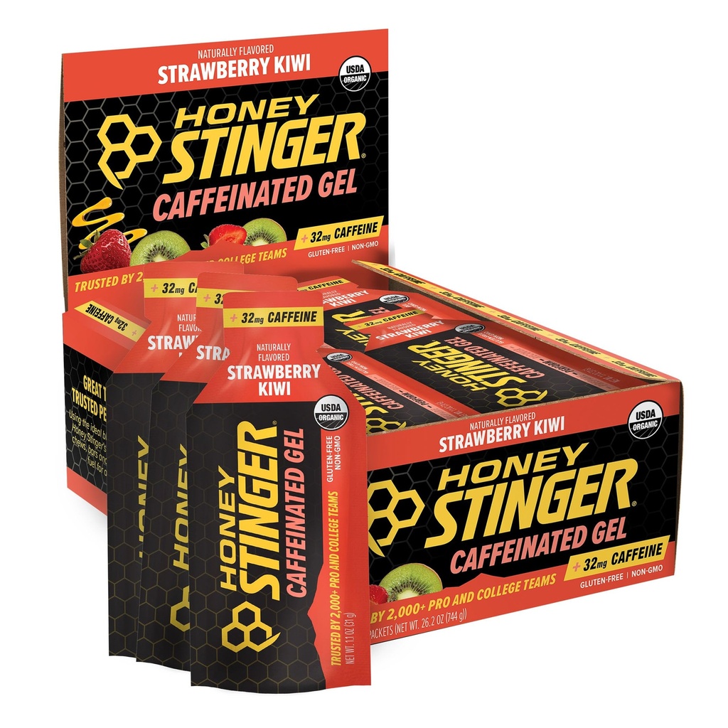 Honning Stinger Strawberry Kiwi Energy Gel, Caffeined & Gluten Free with Organic Honey, for Motion, Running and Performance, Sport Nutrition for Home & Gym, Pre and Middle Workout, 24 Pack