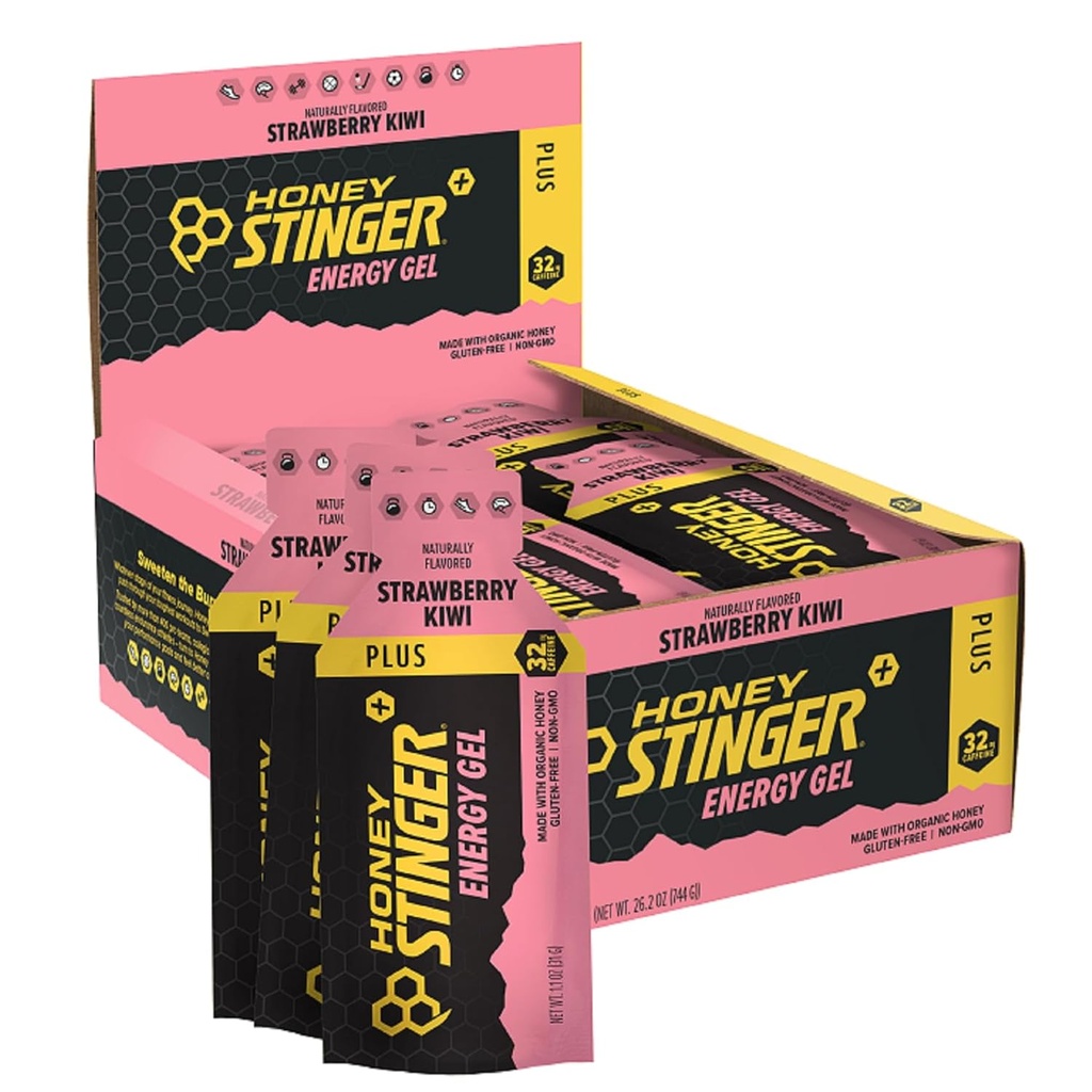 Honning Stinger Strawberry Kiwi Energy Gel, Caffeined & Gluten Free with Organic Honey, for Motion, Running and Performance, Sport Nutrition for Home & Gym, Pre and Middle Workout, 24 Pack