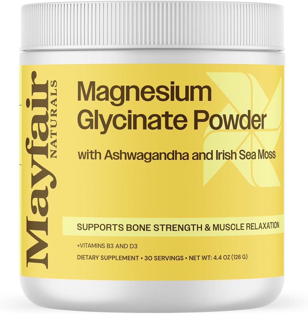 Magnesium Glycinate Powder Supplement, with Ashwagandha and Irish Sea Moss, Supports Bone Strength & Muscle Relaxation, 30 Servings