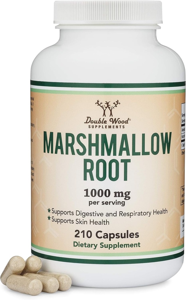 Marshmallow Root Kapsler (210 Tæl, 1.000mg per servering) Høj i Mucilage til støtte for luftveje, hud og Gut Reparation (Vegan Safe, Gluten Free) af Dobbelt Træ