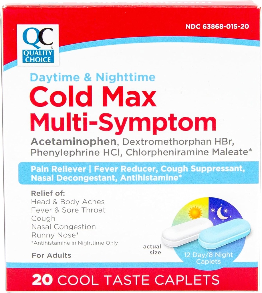 Quality Choice Day & Night Cold Max Multisymptom, Cold & Flu Medicine, Pain Reliever, Feber Reducer, Hoste suppressant, Nasal Decongestant, 24 timers Relief Cool Taste Caplets
