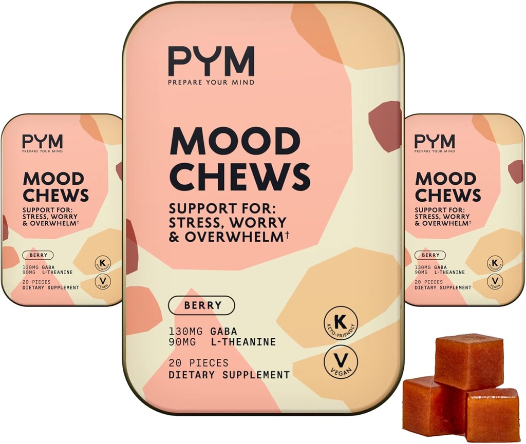 PYM Berry Mood Chews Support for Stress, Worry & Overwhelm, 60 Count | 130mg GABA, 90mg L-Theanine | Vegan, Non-GMO, Gluten-Free, No Added Sugar | All-Natural Mood Balance Supplement Made in USA