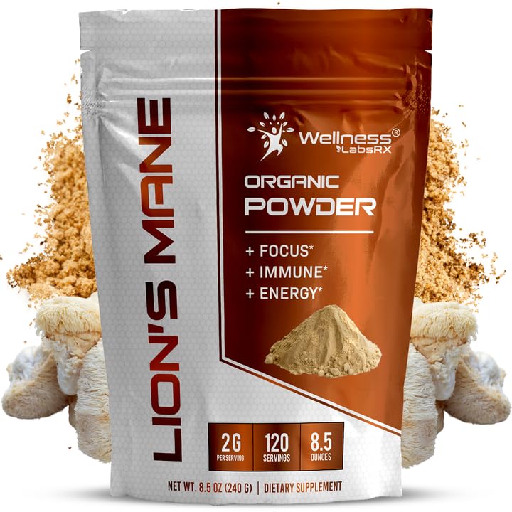 WELLENess LABSRX Lions Mane Powder, Mushroom Supplement - 2000mg - Lions Mane Supplement - Lions Mane Mushroom Powder Brain Kosttilskud til hukommelse og fokus, immunforsvar og sundhed - 120 Serveringer