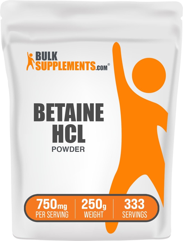 BulkSupplements.com Betaine HCl Powder - Betaine Hydrochloride Supplement, fordøjelsesstøtte - Gluten Free, 750mg per servering, 250g (8,8 oz) (pakke med 1)