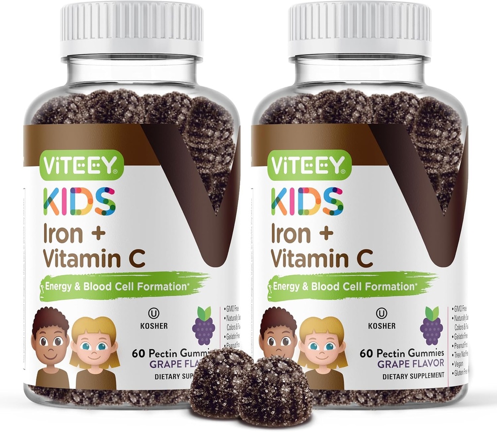 VITEEY Jern til børn med C-vitamin - understøtter energi, blodcelle formering, blod builder anæmi Kids Iron Supplements - Vegan, Gelatine Free, Gluten Free - Tasty Chewable Grape Flavored Gummy