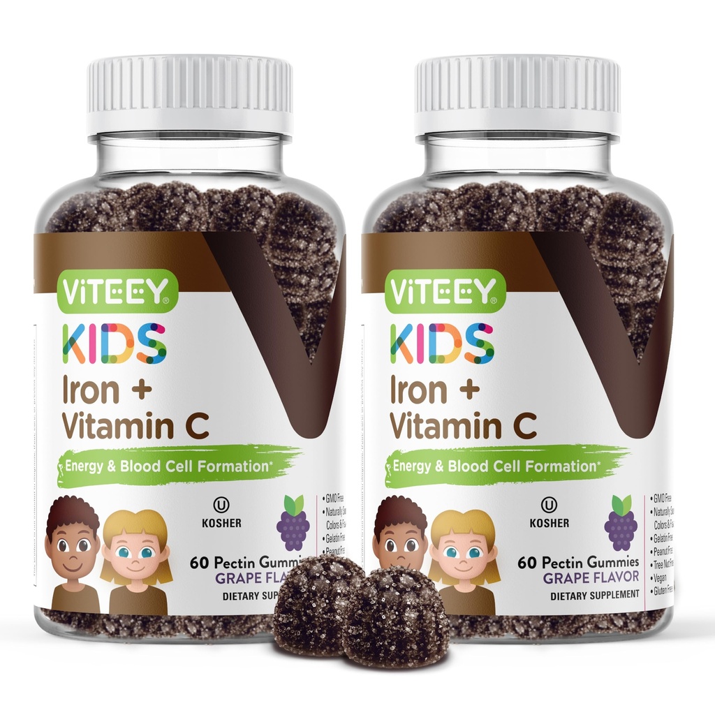 VITEEY Jern til børn med C-vitamin - understøtter energi, blodcelle formering, blod builder anæmi Kids Iron Supplements - Vegan, Gelatine Free, Gluten Free - Tasty Chewable Grape Flavored Gummy