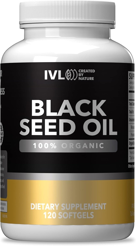 IVL - Organic Black Seed Oil - 120 Softgel kapsler - (1000 mg per servering) - Pure Cold Pressed Nigella Sativa Seed Oil - Omega 3 6 9, Antioxidanter, Thymoquinon - Black Seed Oil Flydende kapsler