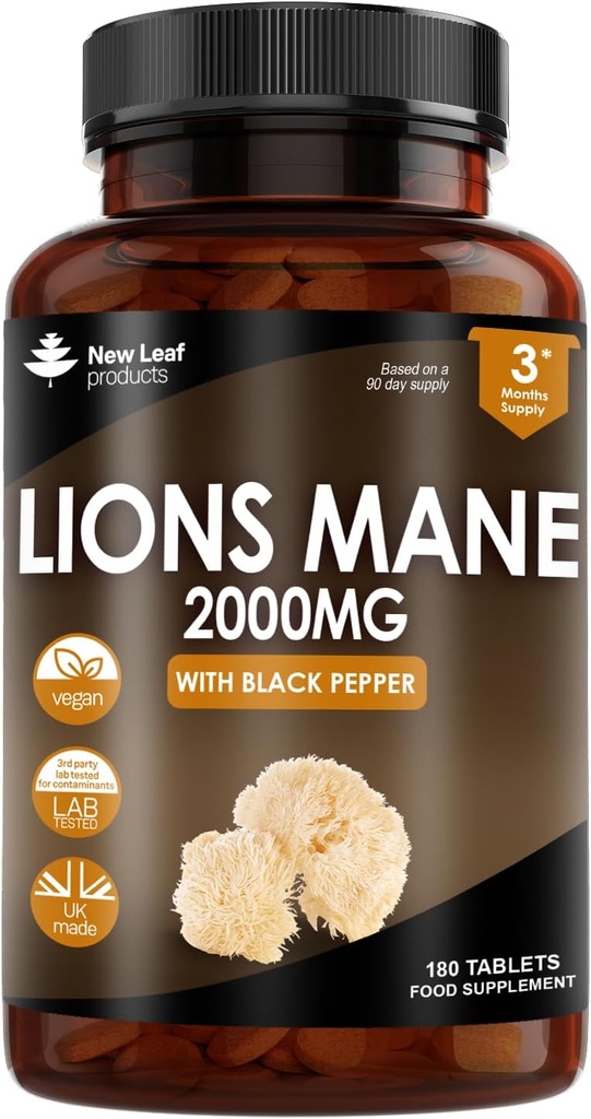 New Leaf produkter Lions Mane Mushroom Extract Supplement 2000mg - 180 High Strength Vegan Tablets with Black Pepper - (Ikke pulver eller kapsler) Made in The UK