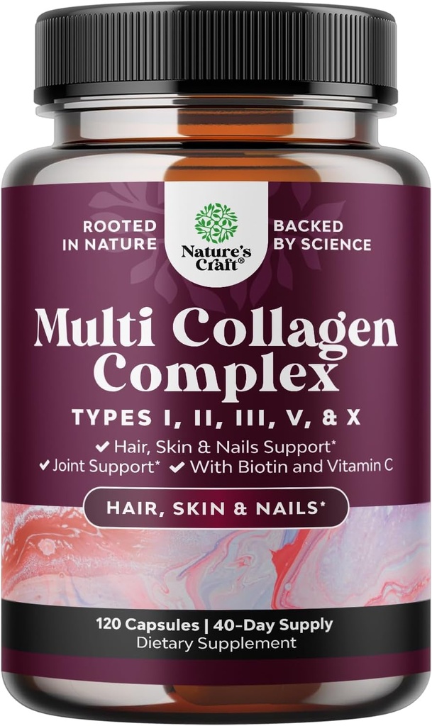 Advanced Multi Collagen Peptides Pills 120ct - Biotin and Collagen Supplement with BioPerine and Hair Skin Nails Vitamins for Women Men - Multi Pills for Women with Types 1 2 3 5 & X