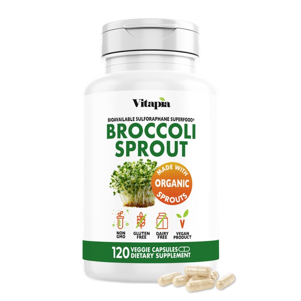 Vitapia Organic Broccoli Sprut & Broccoli Extract for Sulforaphane, Antioxidant, Brain, Hud, Heart Health Support - 120 Veggie Capsules - Non- GMO, Gluten- Free, Vegan- Friendly Supplement
