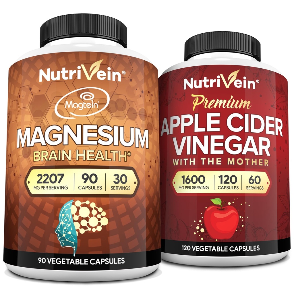 Nutrivein Premium Apple Cider Vinciferkapsler & Magnesium L- Threonate Bundle: High- Absorption Magnesium Threonate Supplement og Apple Cider Vinciferat Kosttilskud til hjerne, Gut, & Samlet velvære