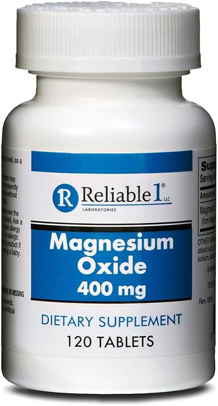 Magnesiumoxid 400mg tabletter med Reliable-1 Laboratorie1 Laboratorie1 125; Magnesiumtillæg til kvinder og mænd 124; Knoglestyrke og hjertetilskud 124; 120 Count Flaske