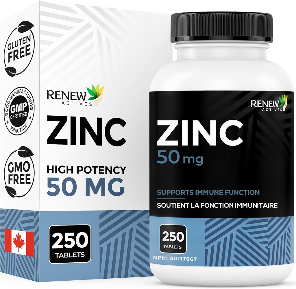 Renew Actives Zink Kosttilskud 50MG per servering - Essential for immunforsvar, stærke knogler & fremme sundt hår, negle & glødende hud til daglig brug - Lavet i Canada - 250 tabletter