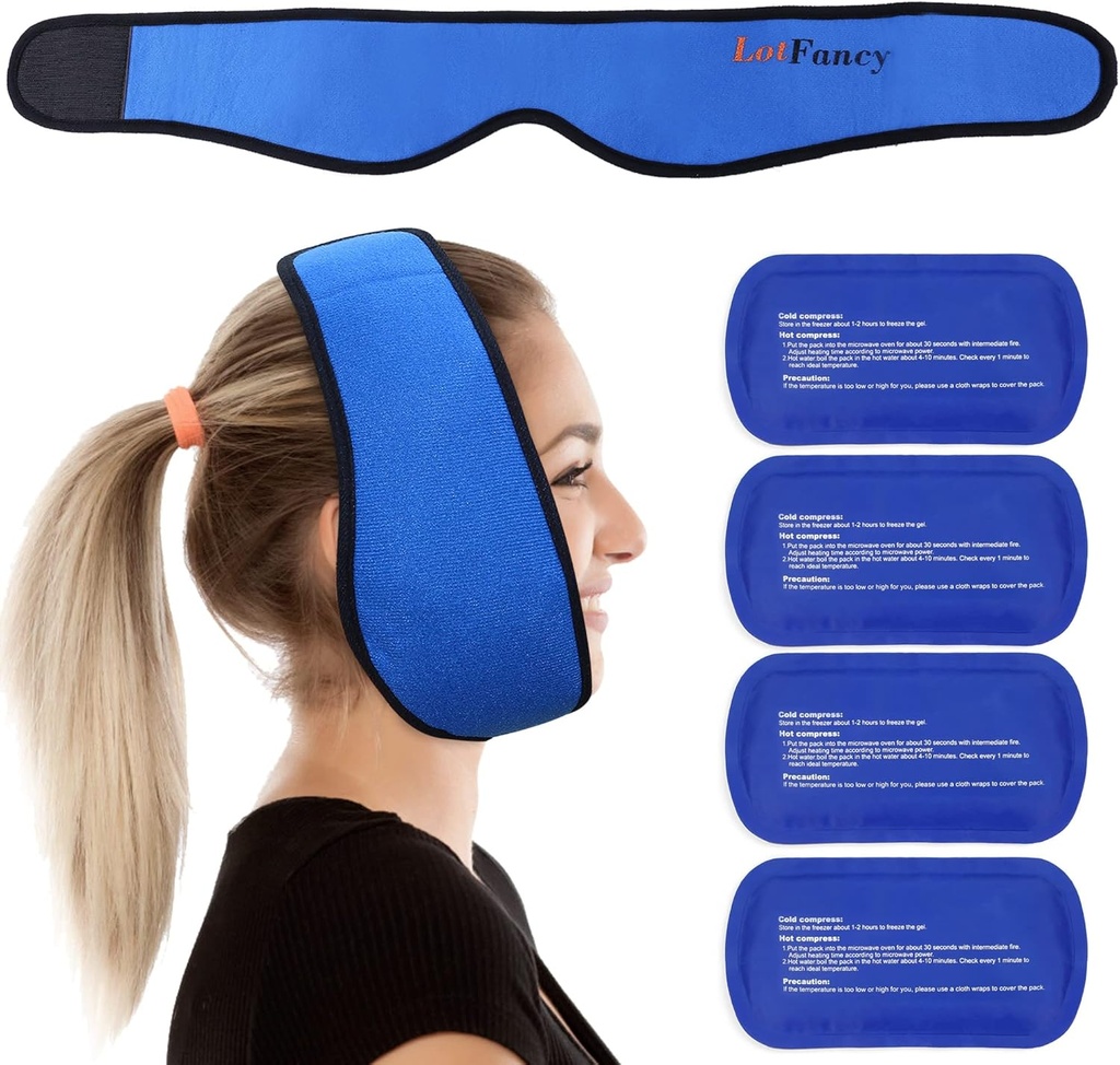 LotFancy Face Ice Pack Wrap for TMJ, Wisdom Teeth, with 4 Reusable Hot Cold Therapy Gel Packs, Pain Relief for Head, Oral and Facial Surgery, Dental Implants, Blue