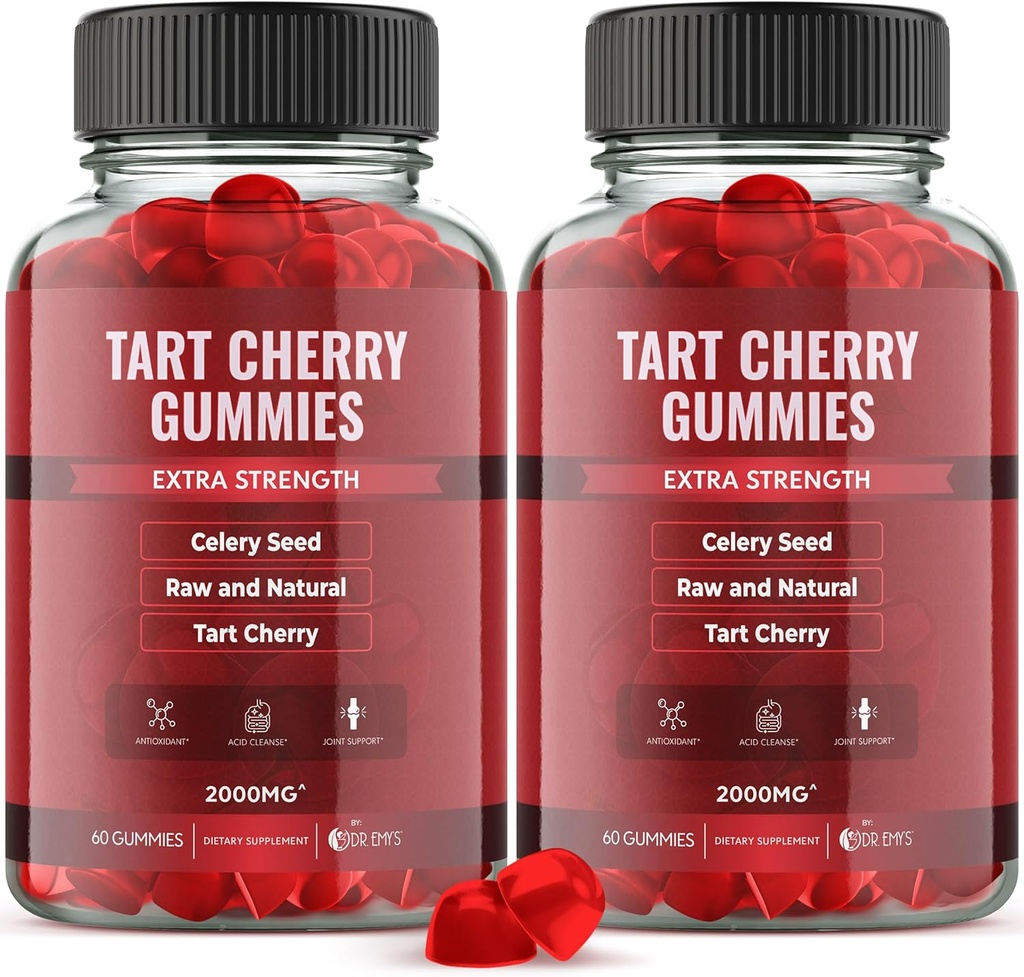 Dr. Emy 's Tart Cherry Extract 2.000mg * Gummy Supplement + Celery Seed Extract 400mg *, Raw & Natural - Non- GMO - Gluten og Gelatine Free Vegan, Joint Comfort Uric Acid Cleanse