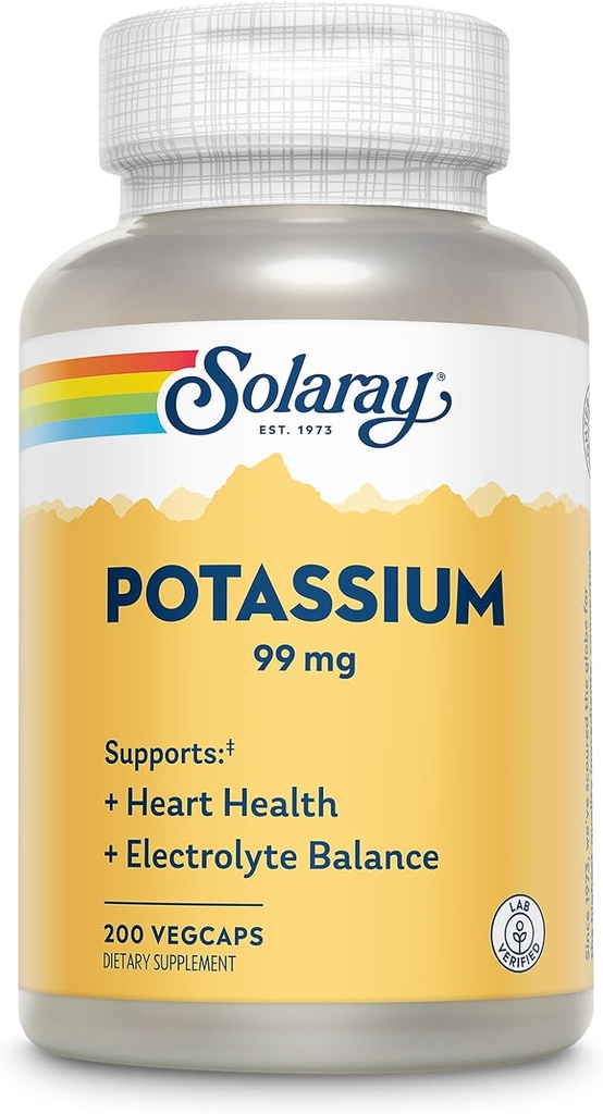 Solaray Kalium 99 mg - Electrolyte Balance Formel - Kalium supplement til elektrolytter, vaskulære og hjerte sundhed support - 60-dages penge tilbage garanti, Lab Verified, 200 Servere, 200 VegCaps