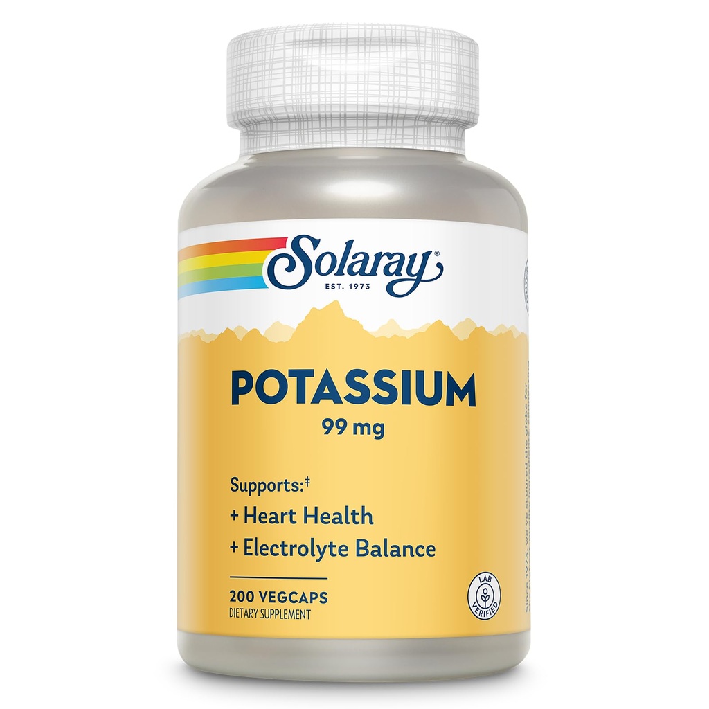 Solaray Kalium 99 mg - Electrolyte Balance Formel - Kalium supplement til elektrolytter, vaskulære og hjerte sundhed support - 60-dages penge tilbage garanti, Lab Verified, 200 Servere, 200 VegCaps