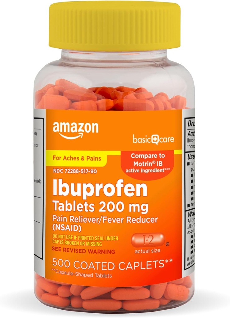 Basic Care Ibuprofen Tablets, 200 mg, Pain Reliever / Fever Reducer, 500 Greve